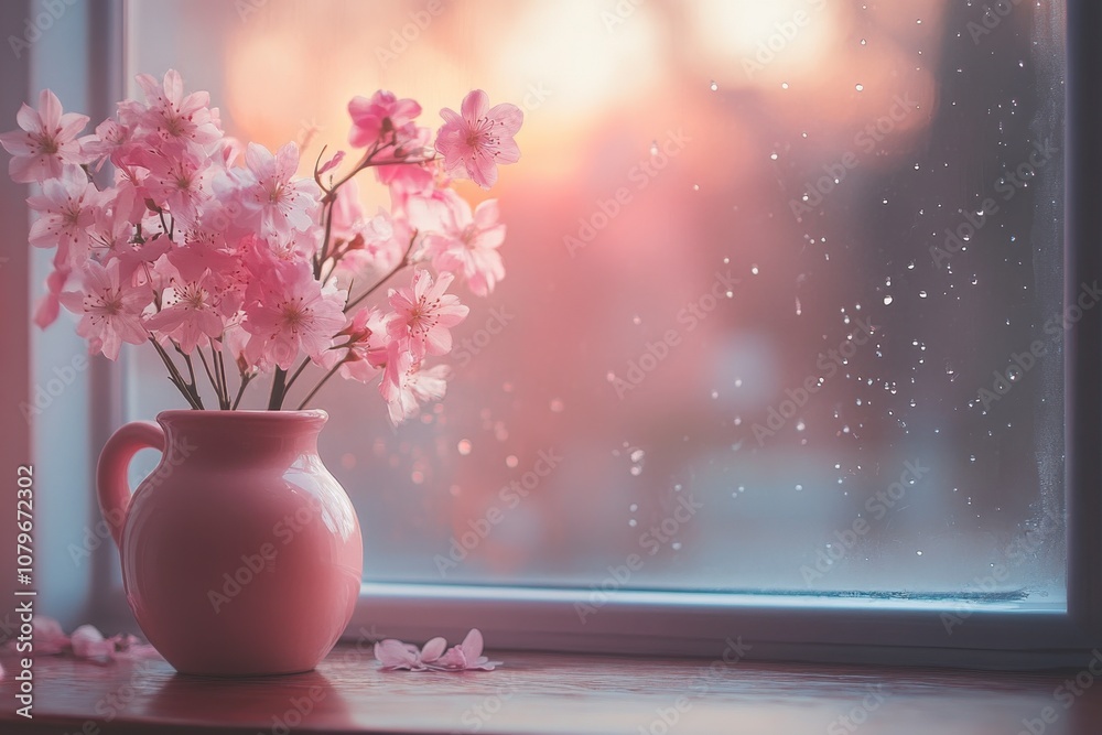 Pink Flowers in Vase by Rainy Window Pink Flowers in Vase by Rainy Window