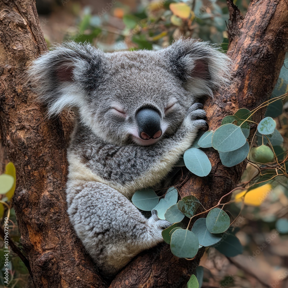 Fototapeta premium A koala bear sleeps soundly in a eucalyptus tree.