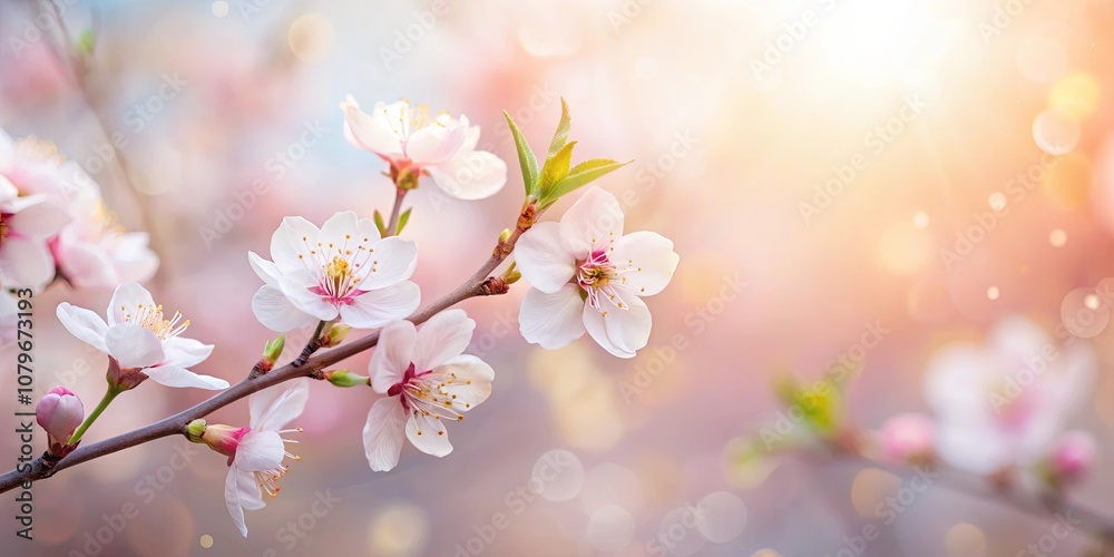 Delicate pink blossoms on a branch, bathed in soft sunlight, showcasing the beauty of spring's awakening Delicate pink blossoms on a branch, bathed in soft sunlight, showcasing the beauty of spring's awakening