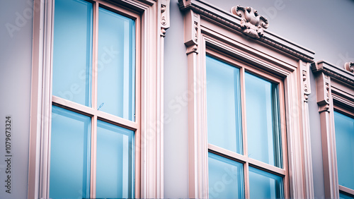 A close-up of ornate window frames featuring decorative moldings, showcasing the beauty of traditional architecture with a minimalistic background photo