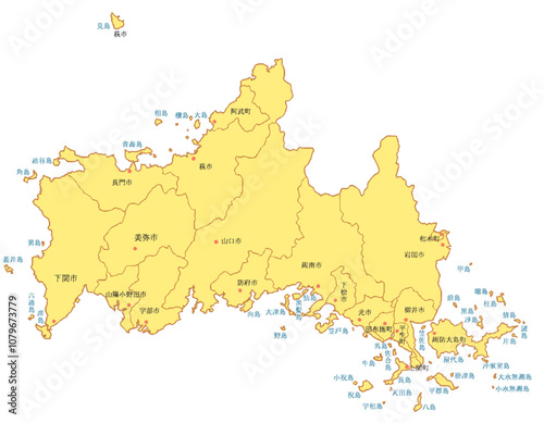 山口県　地図　黄色　イラスト