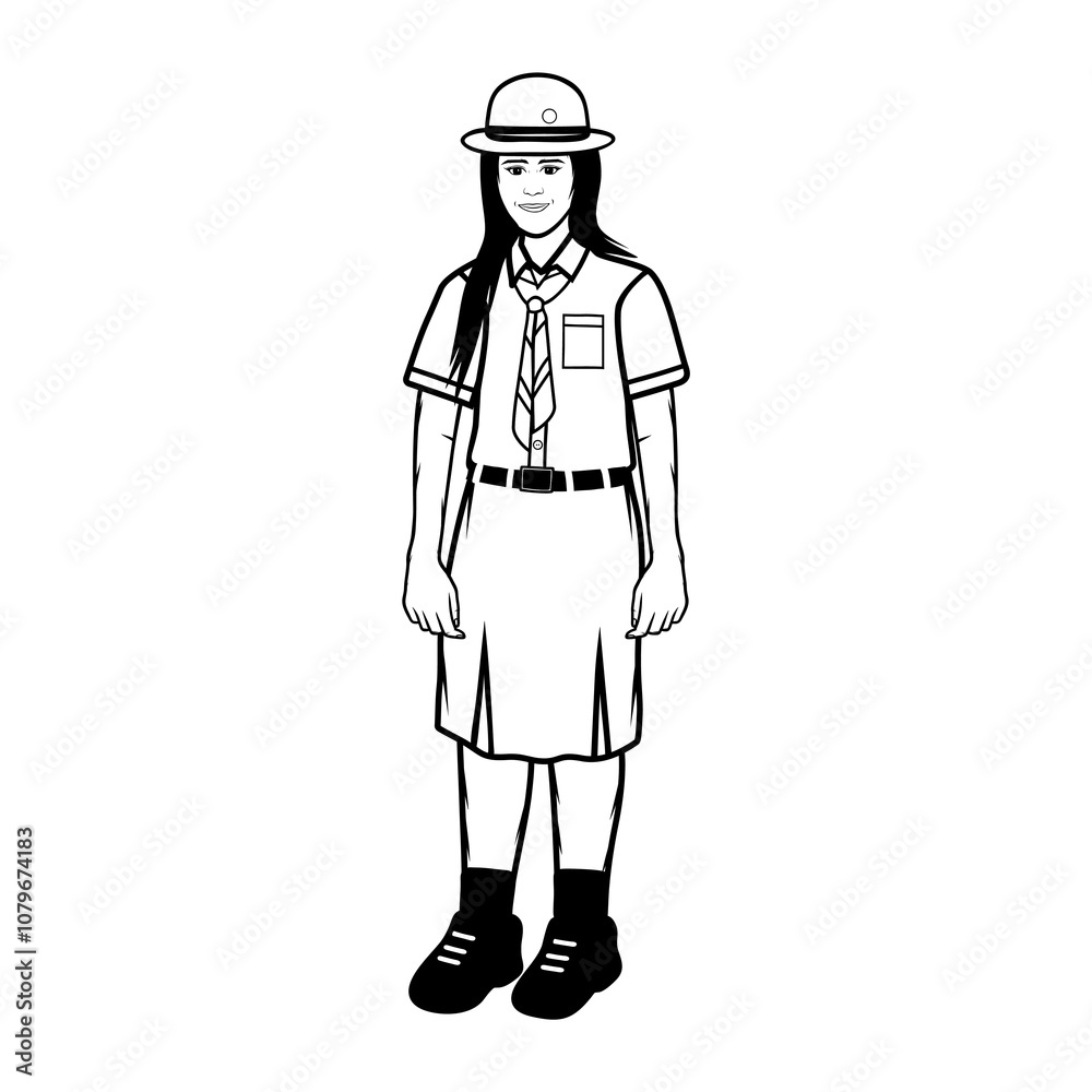 teenage girl in scout uniform wearing a hat black and white vector line art teenage girl in scout uniform wearing a hat black and white vector line art