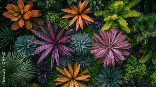 Vibrant Collection of Colorful Succulent Plants Displaying Uniquely Textured Leaves and Lush Greenery in an Artistic Aerial Arrangement for Natural Decor