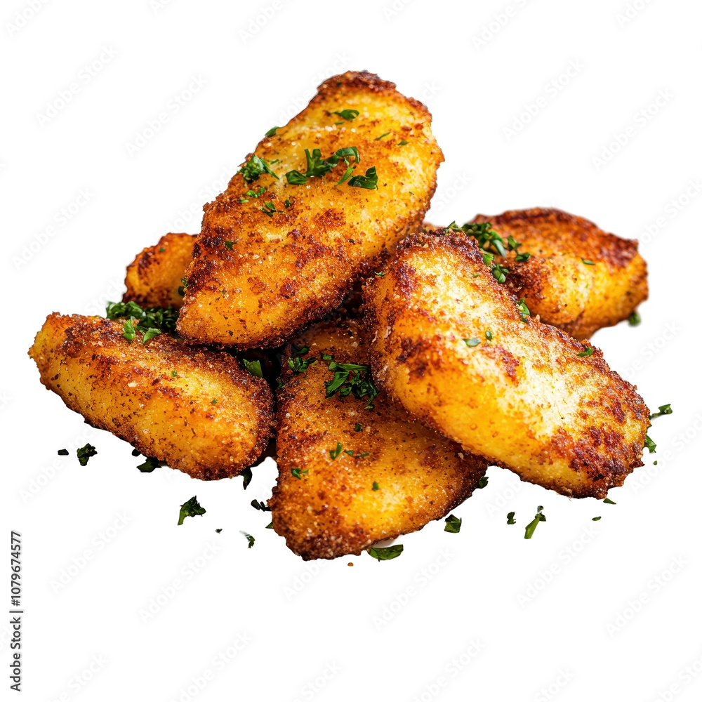 Crispy golden fried potato snacks on a plate. transparent background