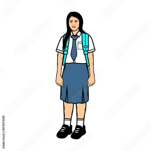 teenage girl high school gray-white uniform carrying blue bag cartoon vector illustration