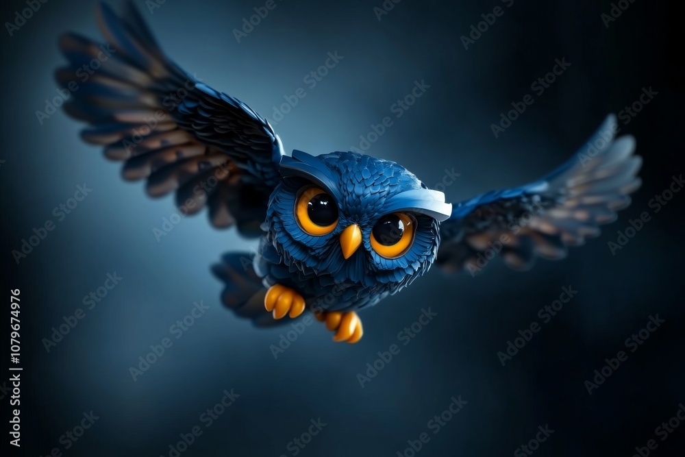 Obraz premium A whimsical 2D illustration of an owl flying, with a smooth white background creating a clean look