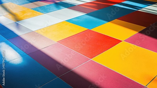 Colorful Checkered Floor Tiles with Sun Shadows photo