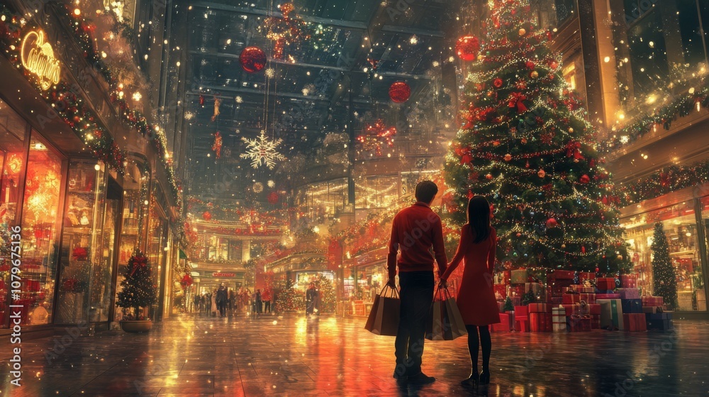 A couple walks hand-in-hand through a bustling Christmas market, admiring a large decorated Christmas tree. A couple walks hand-in-hand through a bustling Christmas market, admiring a large decorated Christmas tree.