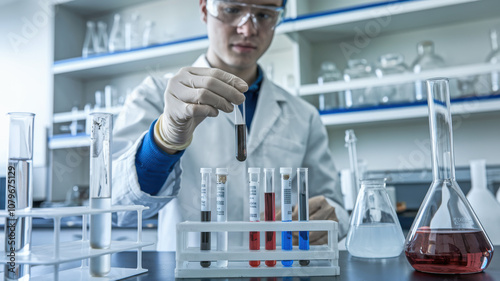 chemist in lab setting conducts experiments with test tubes and flasks, showcasing various colored liquids. atmosphere is focused and scientific