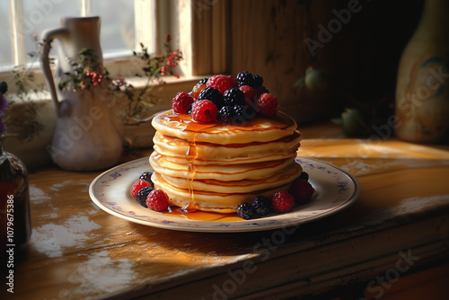 A stack of pancakes, golden brown, buttery, topped with mixed berries and maple syrup, warm morning light, in a rustic kitchen setting