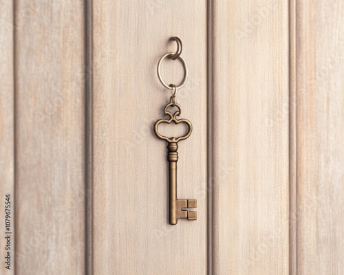 Old Key Hanging on Wooden Door.