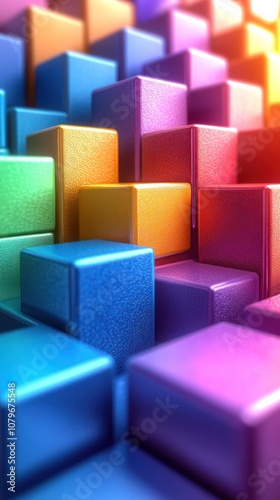 Colorful 3D blocks arranged in a dynamic pattern.