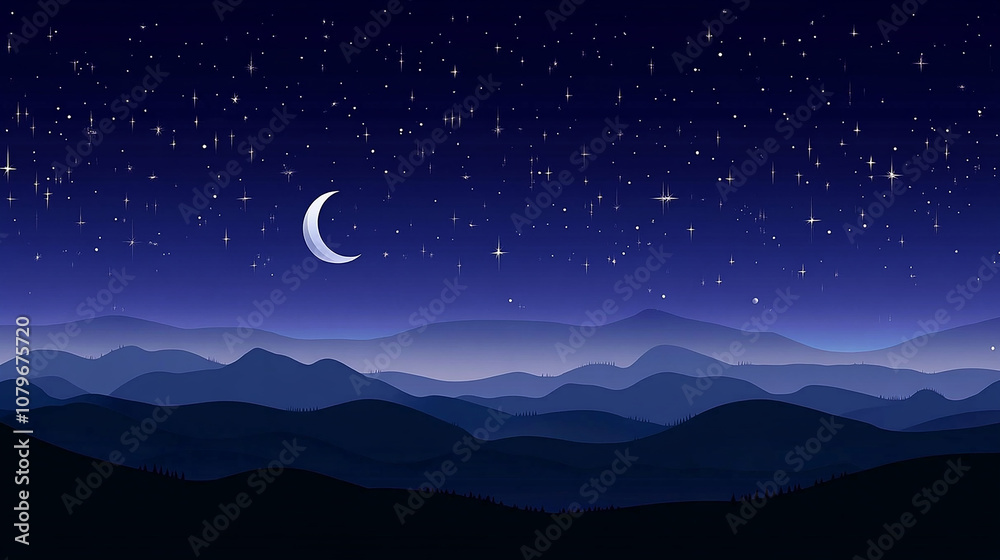 A crescent moon hangs in the dark blue sky over a range of distant mountains, a field of stars twinkle above. A crescent moon hangs in the dark blue sky over a range of distant mountains, a field of stars twinkle above.