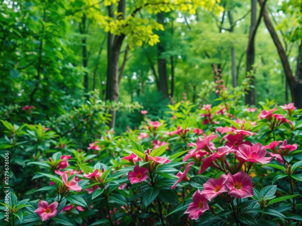 A beautiful landscape of a lush forest with vibrant green leaves and blooming flowers, showcasing the beauty and renewal of nature, blooming, vibrant A beautiful landscape of a lush forest with vibrant green leaves and blooming flowers, showcasing the beauty and renewal of nature, blooming, vibrant