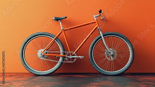 A bicycle stands in front of an orange background wall, showcasing dynamism and contrast, highlighting the unique angle and design of the bicycle, and showcasing the urban art style.