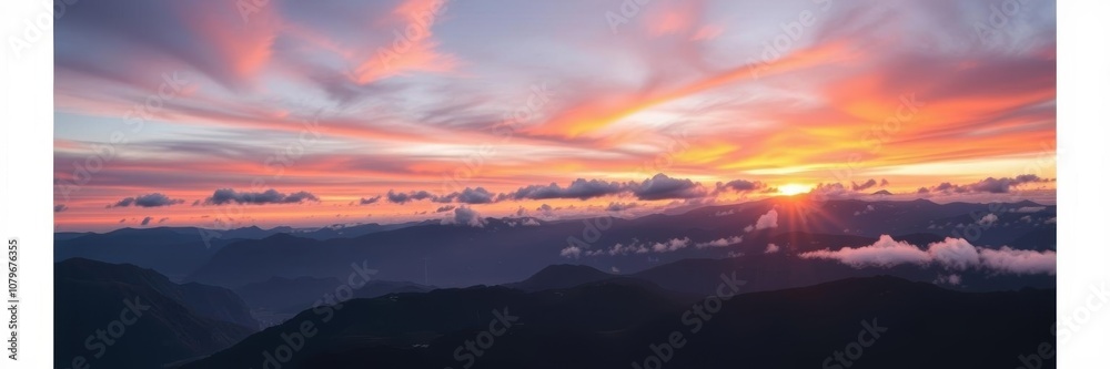 A breathtaking view of a colorful sunrise over a majestic mountain range, with the sun peeking through the clouds, sky, outdoors A breathtaking view of a colorful sunrise over a majestic mountain range, with the sun peeking through the clouds, sky, outdoors