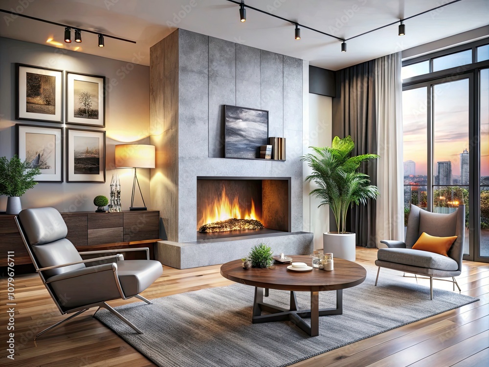 Fototapeta premium Modern Living Room with Cozy Fireplace and Elegant Chair near Stylish Table â€“ Urban Exploration Photography of Contemporary Interior Design