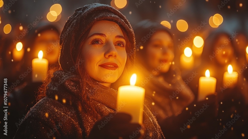 A serene gathering of people holding candles in a snowy setting. A serene gathering of people holding candles in a snowy setting.