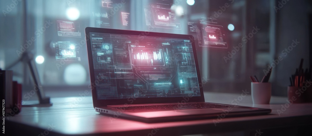 Cyberpunk Laptop with Holographic Interface Cyberpunk Laptop with Holographic Interface