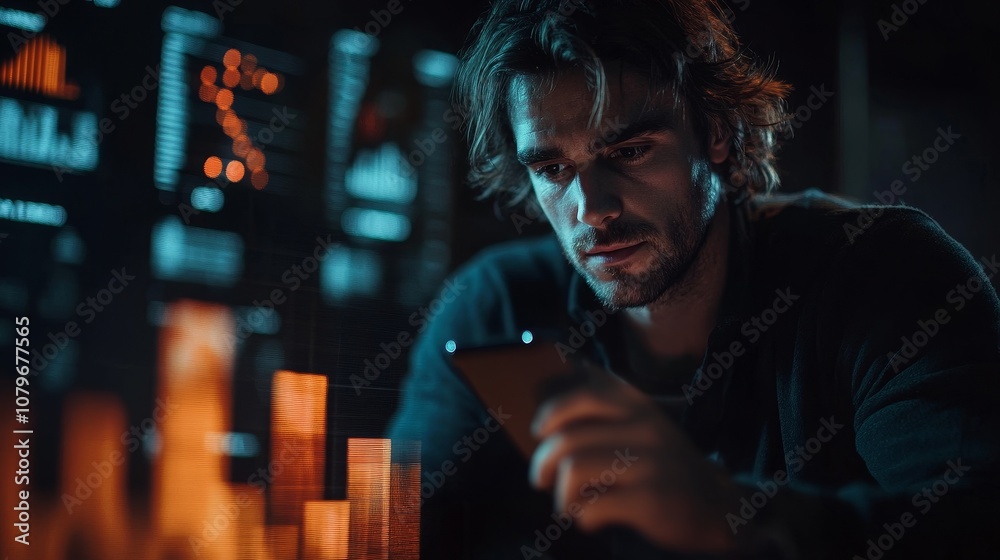 Business professionals use smartphones to view financial data and charts, with digital holographic icons displaying growth charts and stock market trends. The background is dark gray