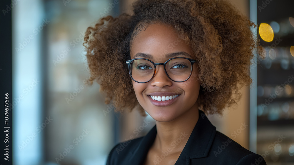 Confident young woman with glasses smiling in a professional setting, exuding positivity and intelligence. Confident young woman with glasses smiling in a professional setting, exuding positivity and intelligence.