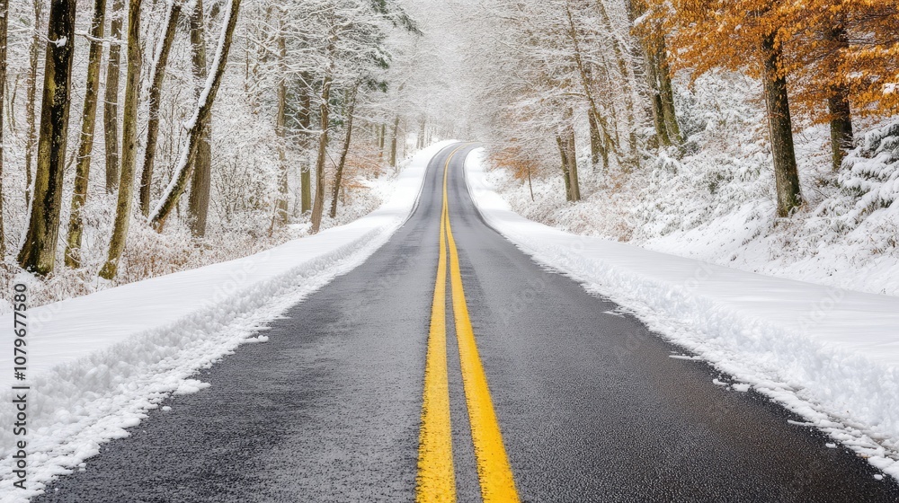 Serene Winter Road through Snowy Forest with Frosted Trees and a Hint of Autumn Foliage, Inviting Peaceful Travel and Scenic Beauty Amidst Nature's Winter Charm Serene Winter Road through Snowy Forest with Frosted Trees and a Hint of Autumn Foliage, Inviting Peaceful Travel and Scenic Beauty Amidst Nature's Winter Charm