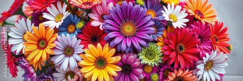 A vibrant bouquet of colorful flowers in full bloom, showcasing a variety of petals and hues, vibrant, fresh