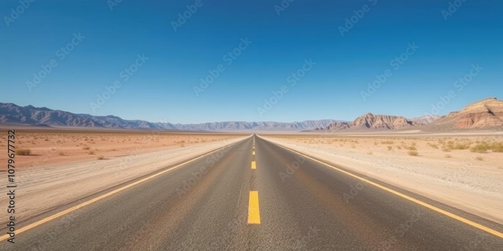 Naklejka premium A long and empty desert road under a clear blue sky with distant mountains, desolate, vast