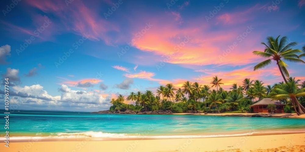 A stunning tropical beach in Hawaii with golden sand, crystal clear turquoise water, palm trees swaying in the breeze, and a colorful sunset in the background, summer, waves A stunning tropical beach in Hawaii with golden sand, crystal clear turquoise water, palm trees swaying in the breeze, and a colorful sunset in the background, summer, waves