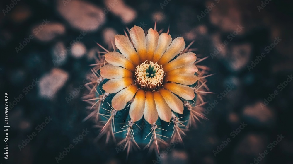 Obraz premium Stunning Close-Up of a Blooming Cactus Flower with Yellow Petals and Green Center Against a Dark Background Highlighting Nature's Beauty and Intricate Details