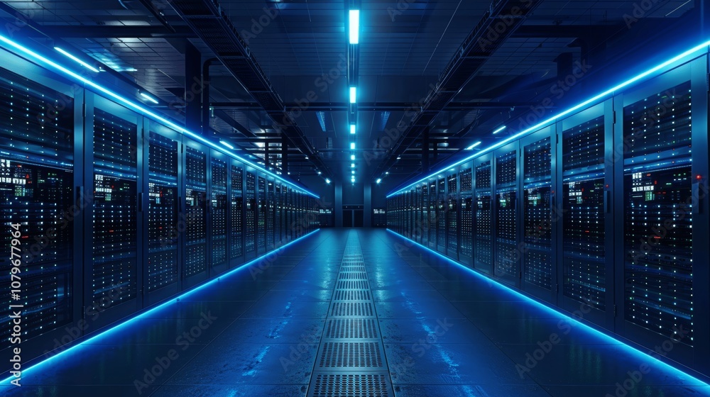 Ultra Realistic Modern Data Center Server Racks with Blue Lights in Dark Room High-Tech Network Facility for Cloud Computing Digital Storage and Security Cinematic Lighting High Resolution Ultra Realistic Modern Data Center Server Racks with Blue Lights in Dark Room High-Tech Network Facility for Cloud Computing Digital Storage and Security Cinematic Lighting High Resolution