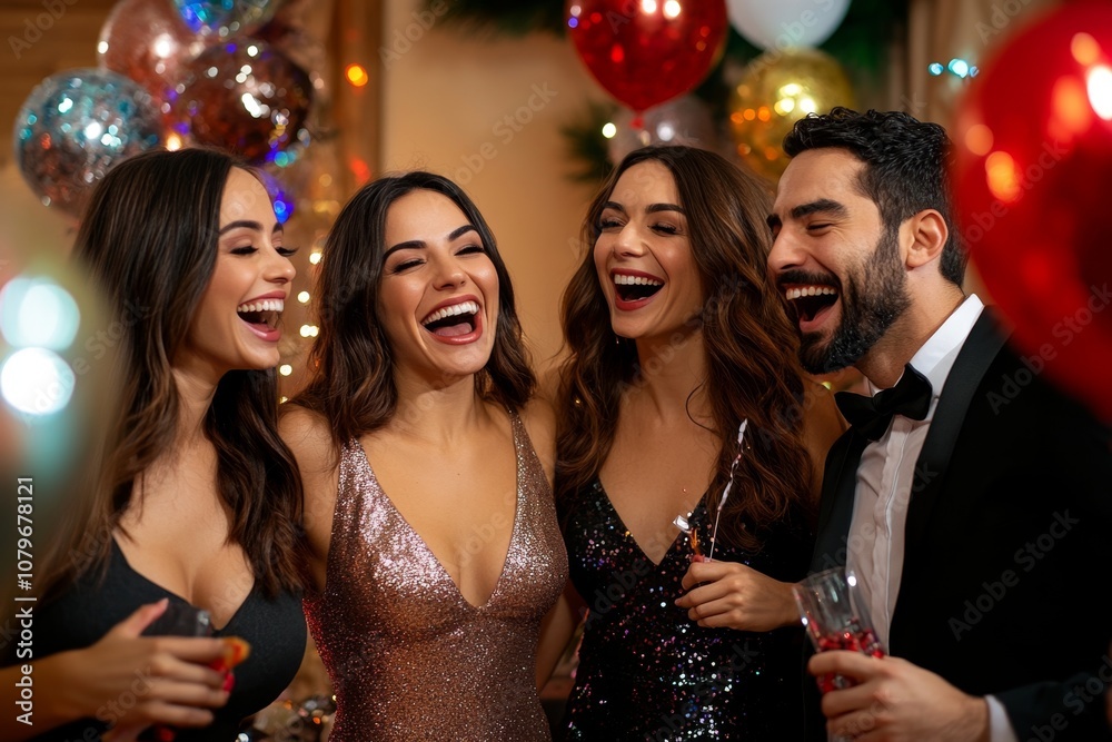 Group of friends laughing and celebrating with party poppers in a living room decorated for New Year's Group of friends laughing and celebrating with party poppers in a living room decorated for New Year's
