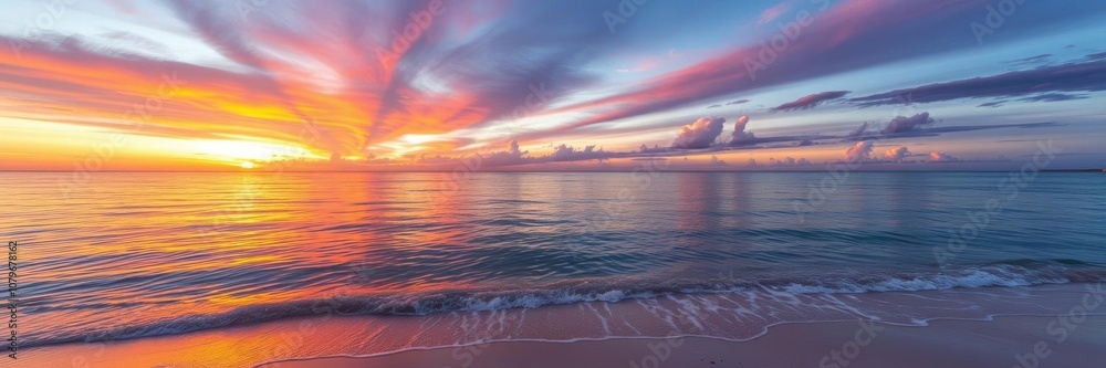 Vibrant sunrise over a peaceful beach with calm waters and colorful sky, coast, scenic Vibrant sunrise over a peaceful beach with calm waters and colorful sky, coast, scenic