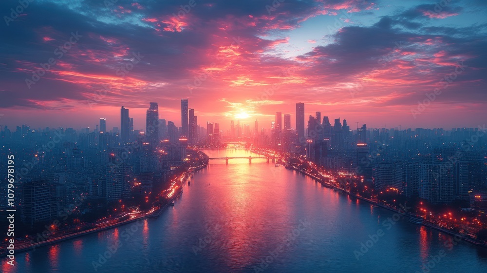 Fototapeta premium Stunning sunset over a city skyline reflecting on the water.