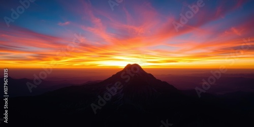 Breathtaking sunrise over a majestic mountain peak, with vibrant colors illuminating the sky, vibrant, nature