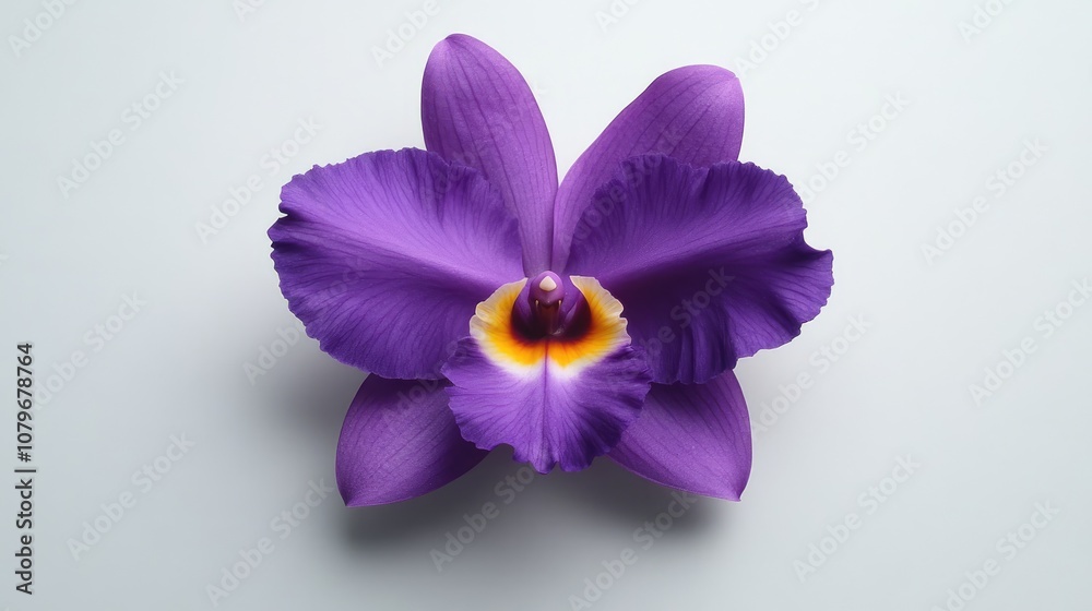 Obraz premium Elegant Purple Orchid Bloom with Vibrant Petals Against a Soft White Background Perfect for Nature Themed Projects, Floral Designs, and Relaxation Aesthetics