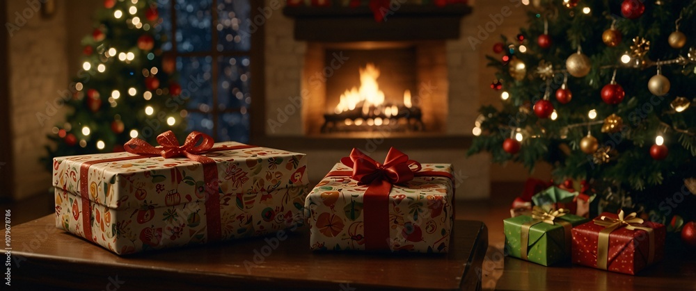 Christmas Cheer: A cozy fireplace crackles with warmth, illuminating beautifully wrapped presents beneath a festively decorated Christmas tree, creating a magical ambiance of holiday joy. Christmas Cheer: A cozy fireplace crackles with warmth, illuminating beautifully wrapped presents beneath a festively decorated Christmas tree, creating a magical ambiance of holiday joy.