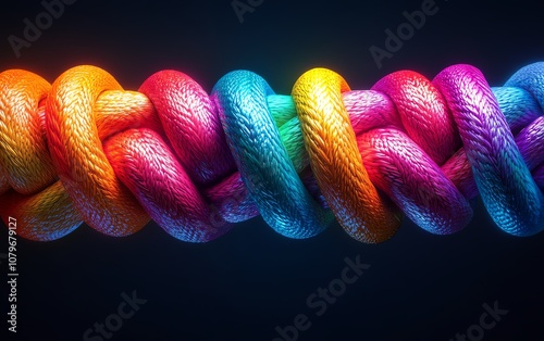 Electric cables in a glowing Gordian knot, rainbowcolored and radiant, set against a deep, dark background, creating a complex and visually stunning abstract composition photo