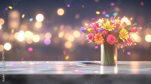 A modern, upscale living room with a marble coffee table, where someone works on a tablet amidst New Year party hats, confetti, and a celebratory atmosphere