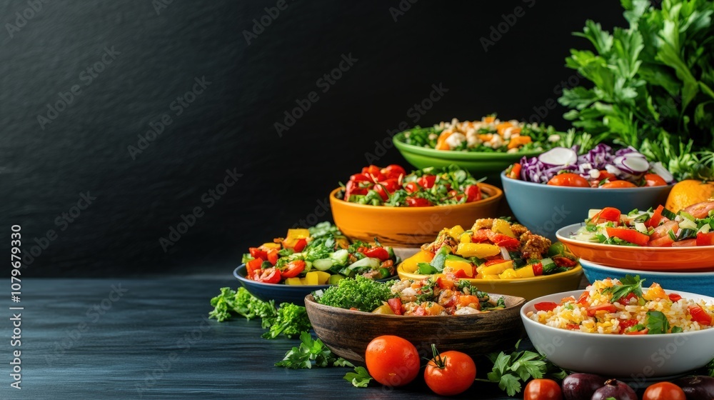 Vibrant Table with Assorted Fresh Salads and Vegetables Vibrant Table with Assorted Fresh Salads and Vegetables