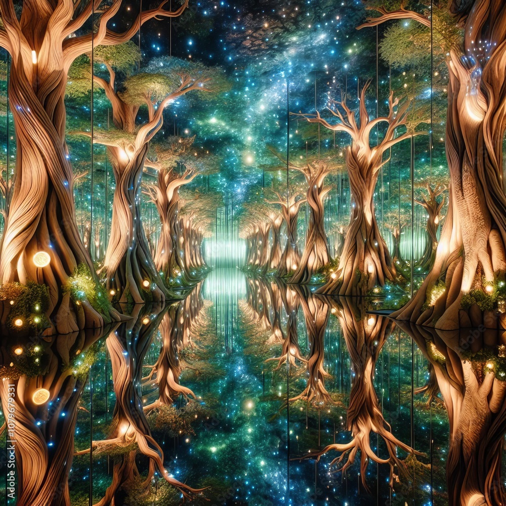 An enchanted grove with mirrored walls reflecting endless trees An enchanted grove with mirrored walls reflecting endless trees