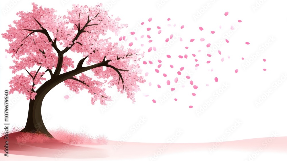 A stylized cherry blossom tree with pink petals blowing in the wind against a white background. A stylized cherry blossom tree with pink petals blowing in the wind against a white background.
