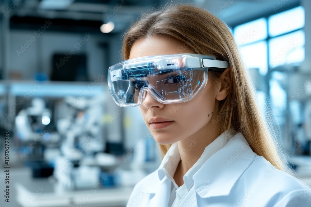 Nurse wearing augmented reality glasses and advanced tech gear, set in a cyberpunk-style medical lab Nurse wearing augmented reality glasses and advanced tech gear, set in a cyberpunk-style medical lab