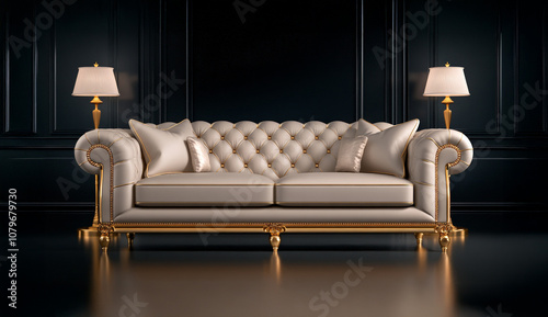 An elegant living room with a double frame setup, one large and one small, above a leather chesterfield sofa with decorative pillows and a plush carpet, enhancing luxury photo