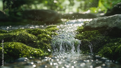 Water Flowing Over Moss-Covered Rocks in a Forest