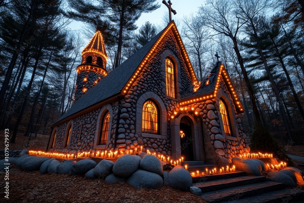 Fototapeta premium Old stone church decorated for a dark, gothic New Yearâ€™s Eve celebration with eerie candlelight