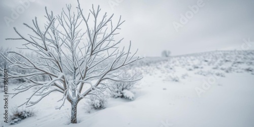 A close-up photo of a frozen, leafless tree covered in frost and surrounded by patches of snow, under a gloomy winter sky, blues winter, solitude