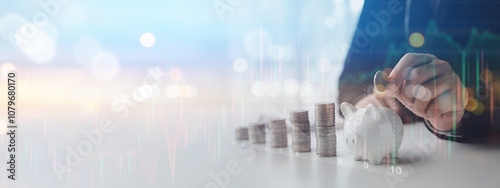 Saving money for investing in stocks, businessmen making financial plans for investments, investing in stocks, concepts of investment management for growth.