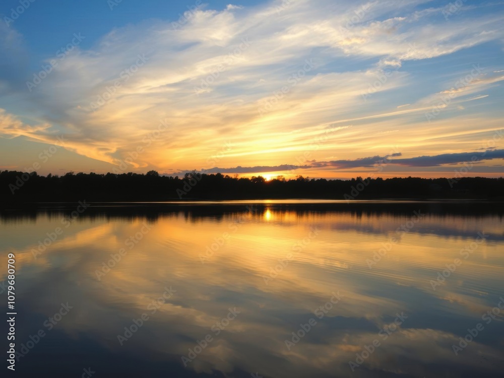 A serene dusk scene at a tranquil lake with the sun setting in the background, casting a warm glow over the water and reflecting colorful hues in the sky, scenery, lake A serene dusk scene at a tranquil lake with the sun setting in the background, casting a warm glow over the water and reflecting colorful hues in the sky, scenery, lake