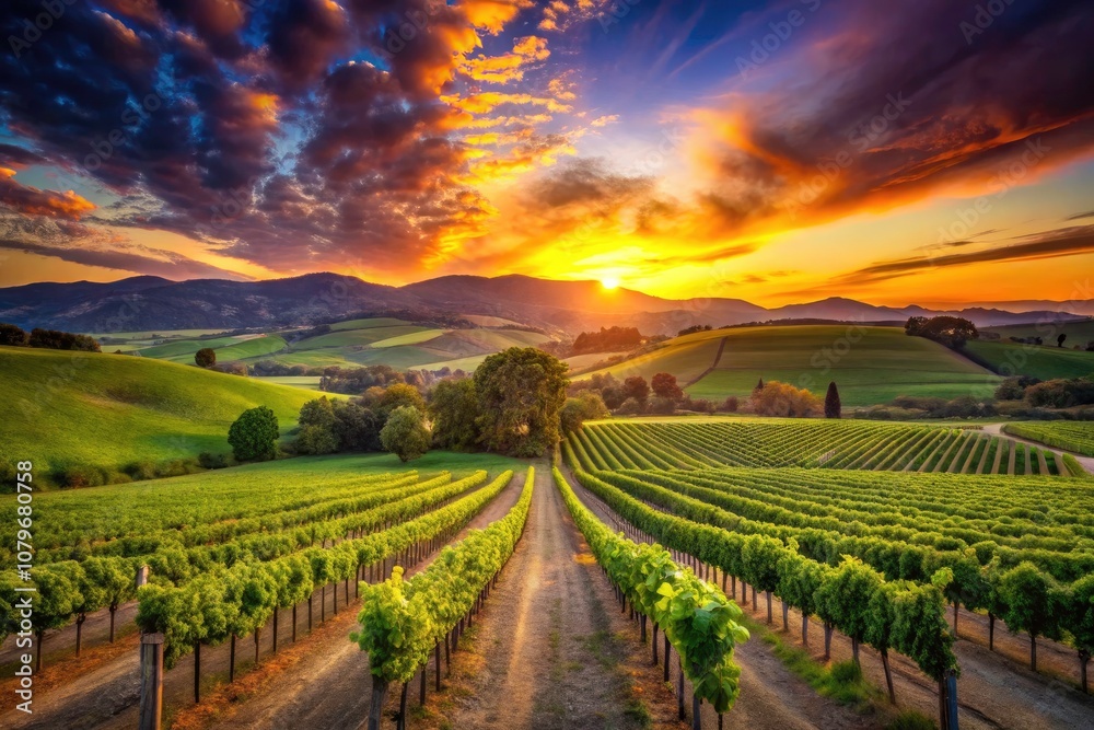 Scenic Vineyard Landscape at Sunset with Rolling Hills, Lush Grapevines, and Vibrant Sky - Captivating Nature Photography for Wine Lovers and Travel Enthusiasts Scenic Vineyard Landscape at Sunset with Rolling Hills, Lush Grapevines, and Vibrant Sky - Captivating Nature Photography for Wine Lovers and Travel Enthusiasts